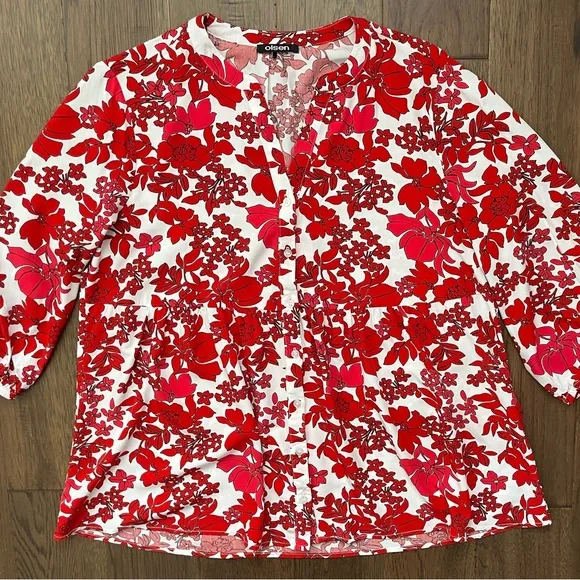 OLSEN Red Floral Blouse Peplum Button Front 3/4 Sleeve Lightweight Top Large - Picture 2 of 9
